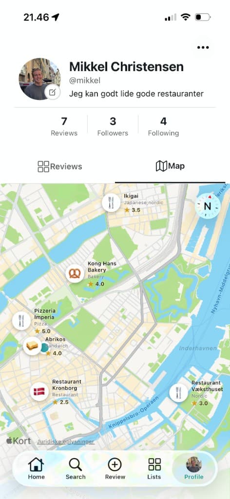Profile map view with pinned restaurants and ratings.